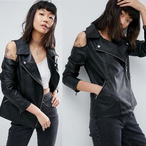 ASOS Women's Black Faux Leather Cold Shoulder Biker Jacket Size 12